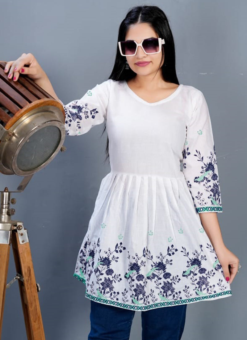 Cotton White Festival Wear Printed Readymade Kurti