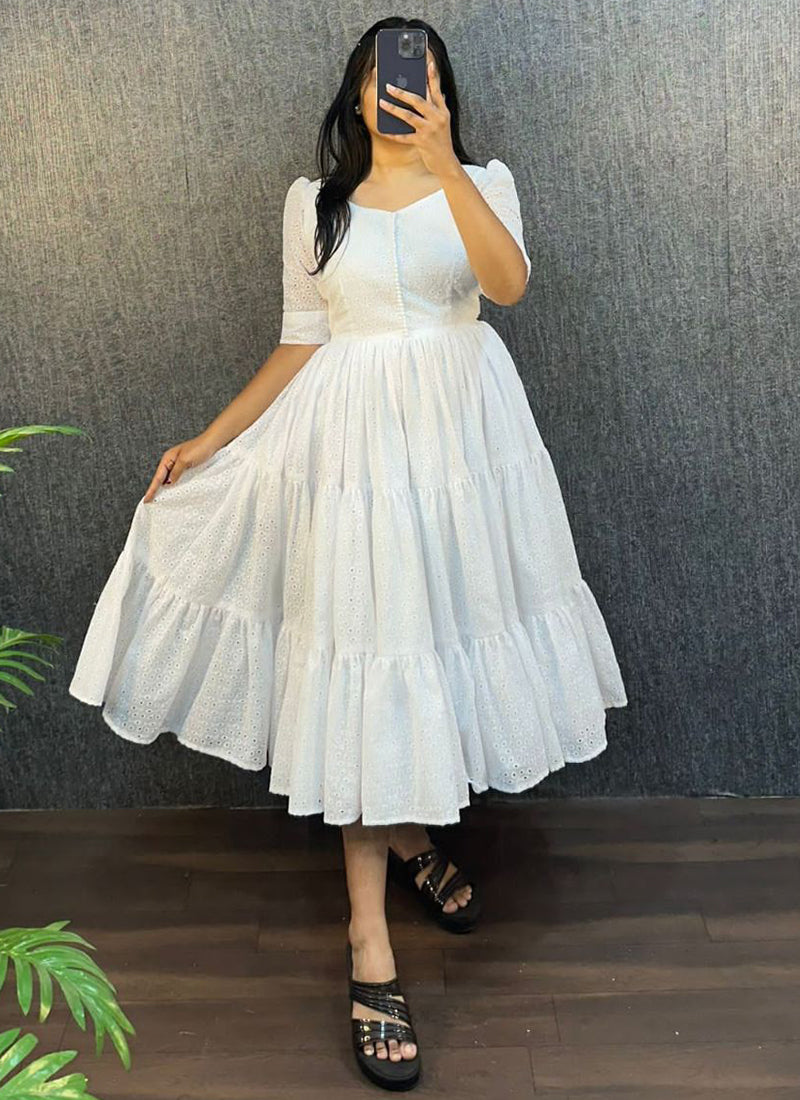 Cotton White Party Wear Schiffli Work Readymade Gown