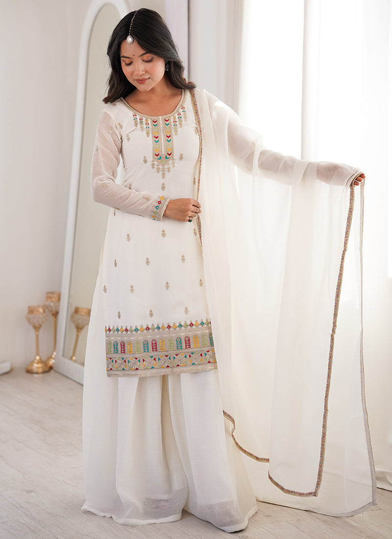 White Crunchy Silk Sequins Work  Occasional Wear Readymade Plazzo Suit SW507397