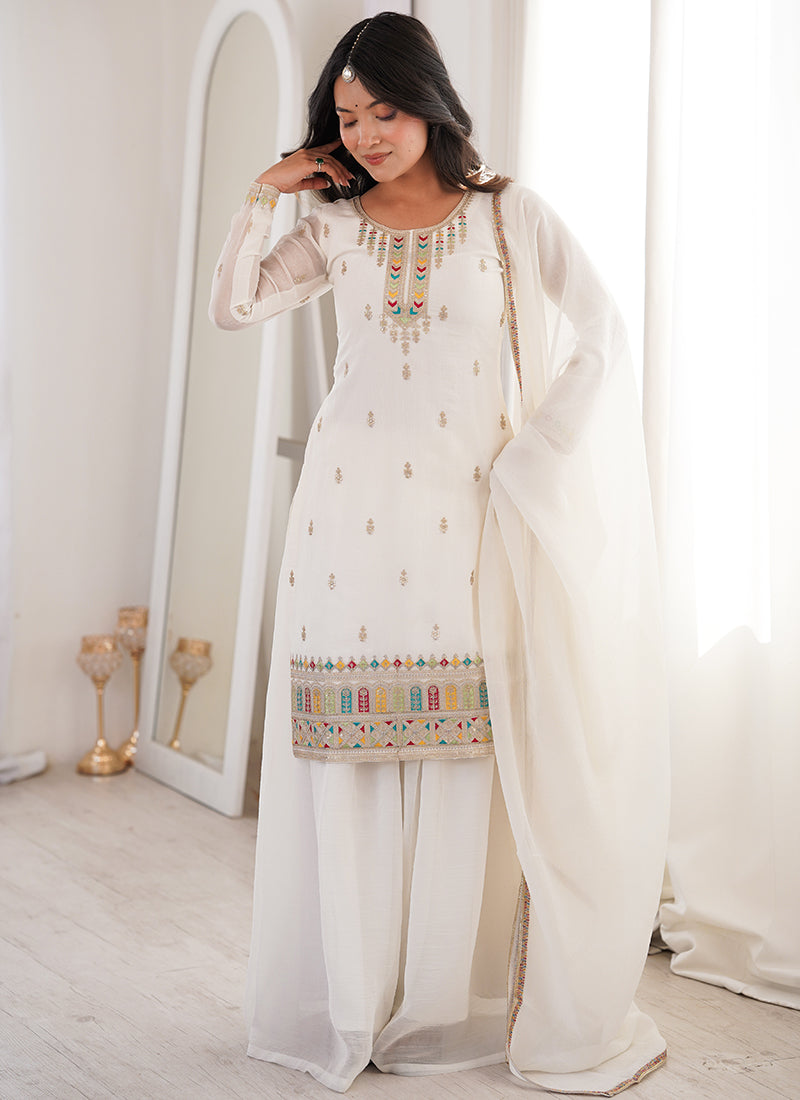 White Crunchy Silk Sequins Work  Occasional Wear Readymade Plazzo Suit SW507397