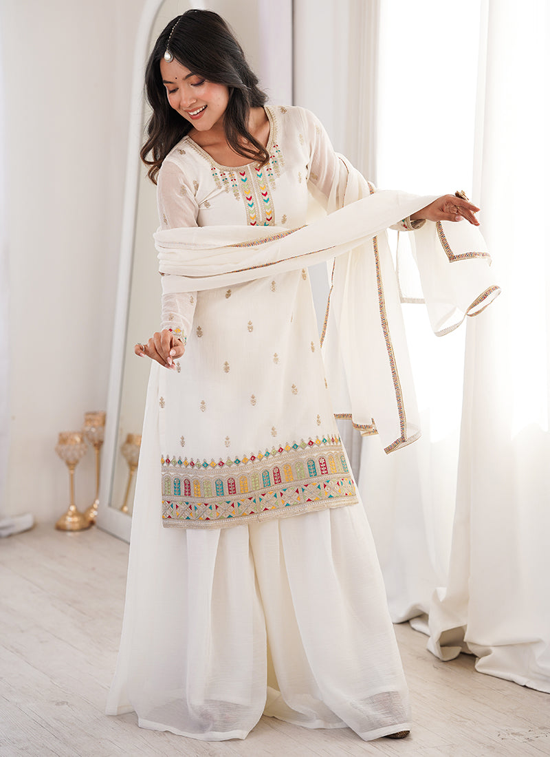 White Crunchy Silk Sequins Work  Occasional Wear Readymade Plazzo Suit SW507397