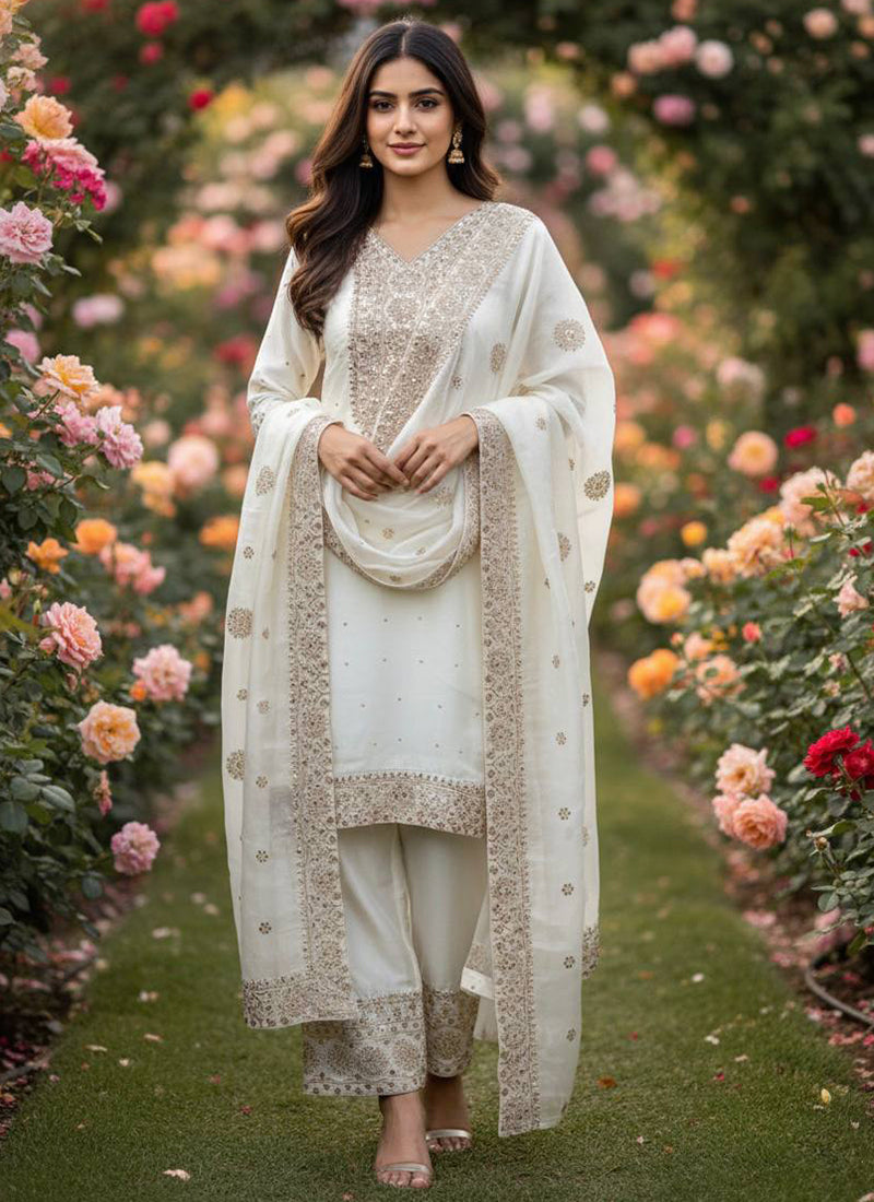 White Fendy Silk Embroidery Work Occasional Wear Readymade Plazzo Suit SW831807