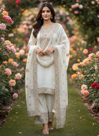 White Fendy Silk Embroidery Work Occasional Wear Readymade Plazzo Suit SW831807