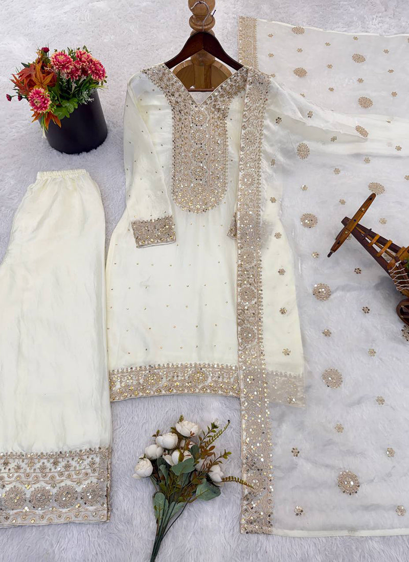 White Fendy Silk Embroidery Work Occasional Wear Readymade Plazzo Suit SW831807