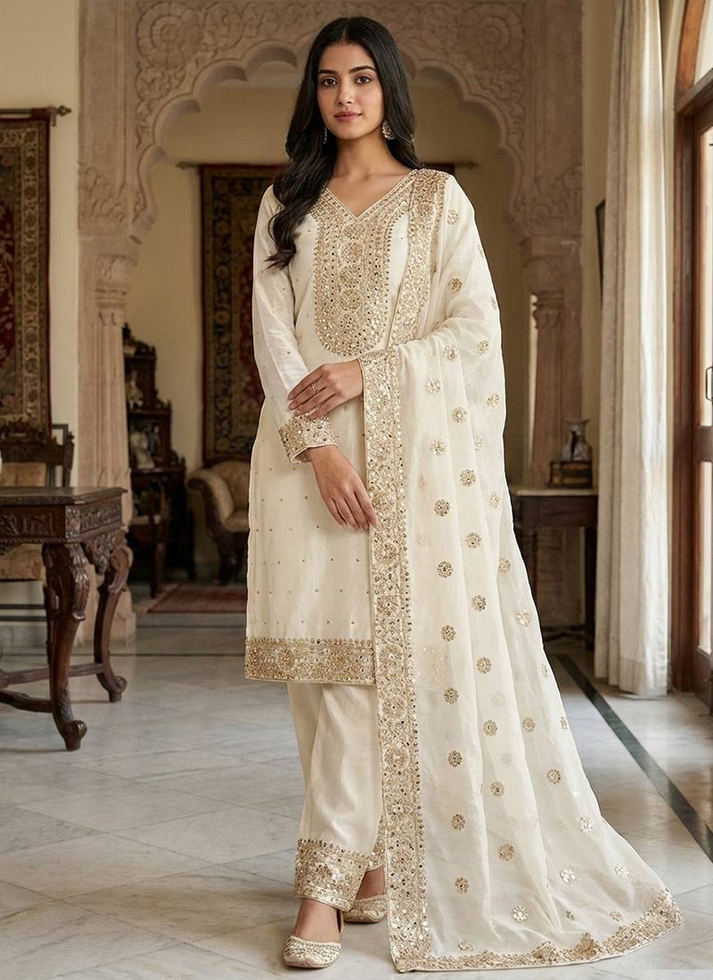 White Fendy Silk Embroidery Work Occasional Wear Readymade Plazzo Suit SW831807