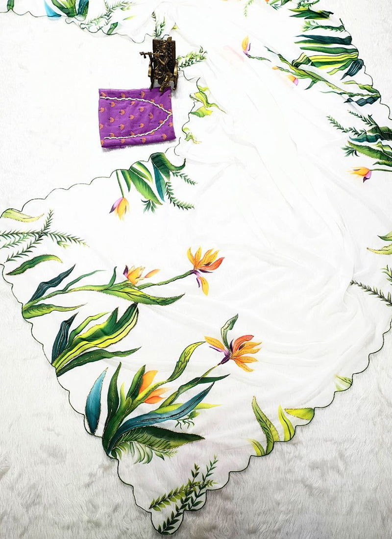 Georgette White Designer Wear Digital Print Work Saree