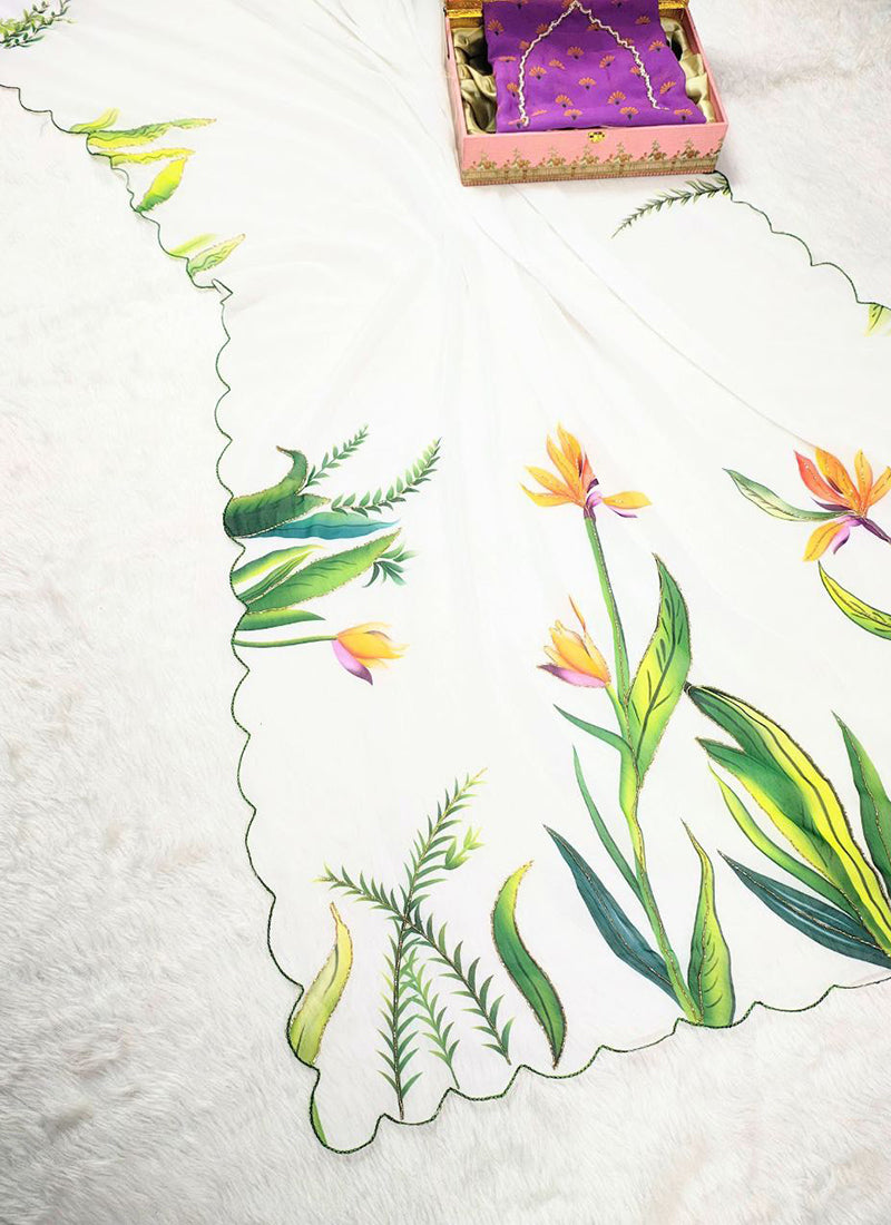 Georgette White Designer Wear Digital Print Work Saree