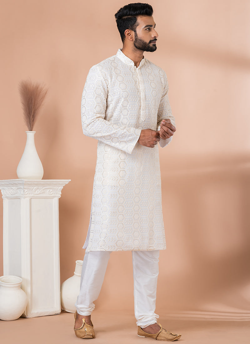Georgette White Festival Wear Sequins Work Readymade Kurta Pajama
