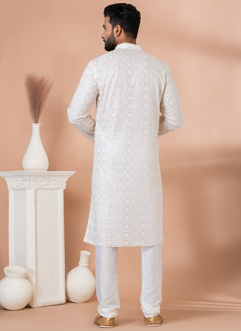 Georgette White Festival Wear Sequins Work Readymade Kurta Pajama