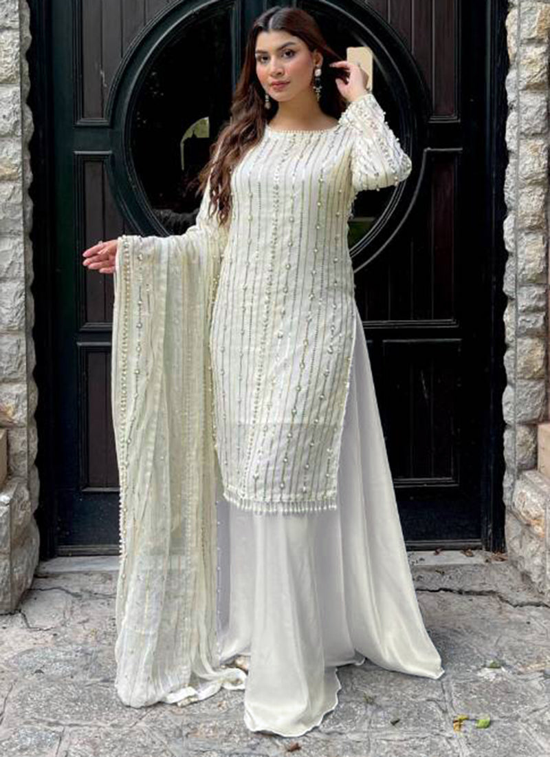 Georgette  White Festival Wear Sequence Work Readymade Pakistani Suit
