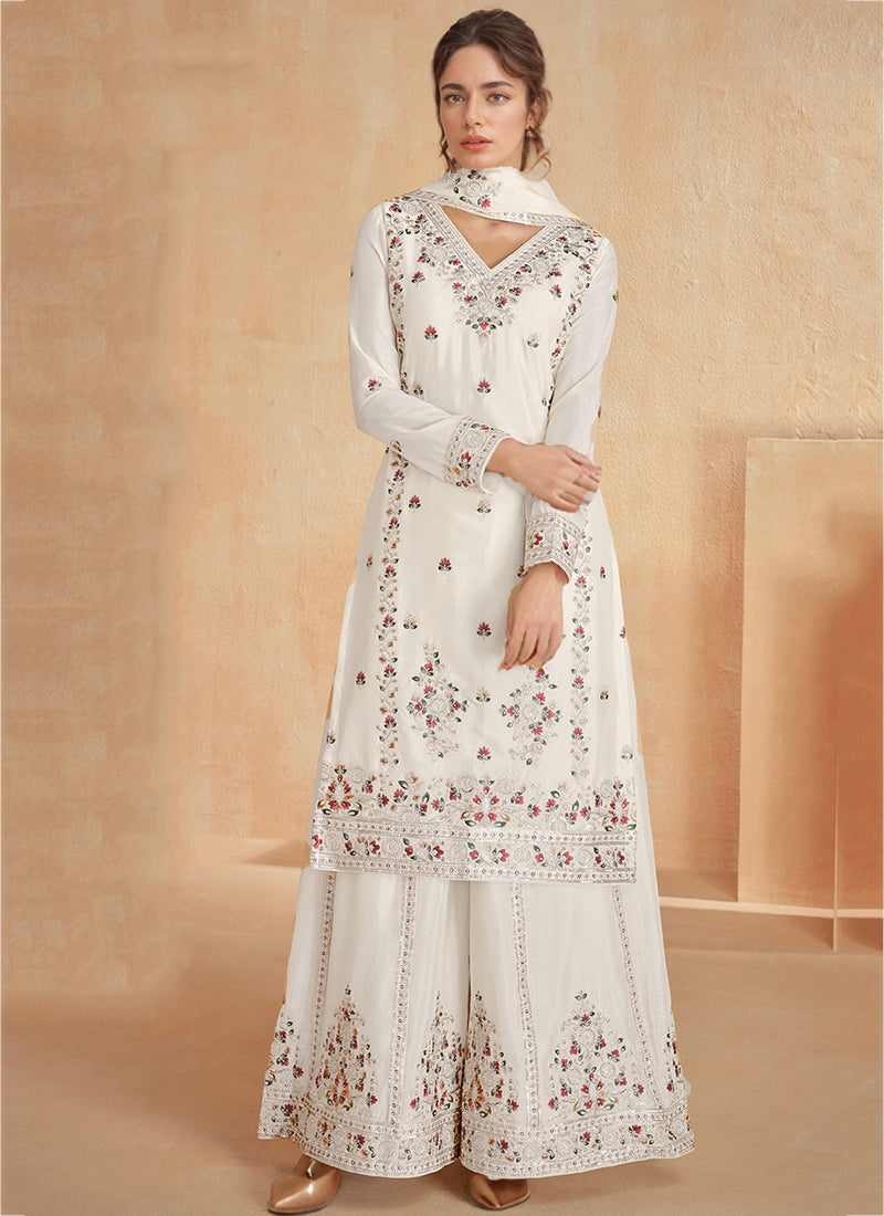 Heavy Chinon White Eid Wear Embroidery Work Pakistani Suit