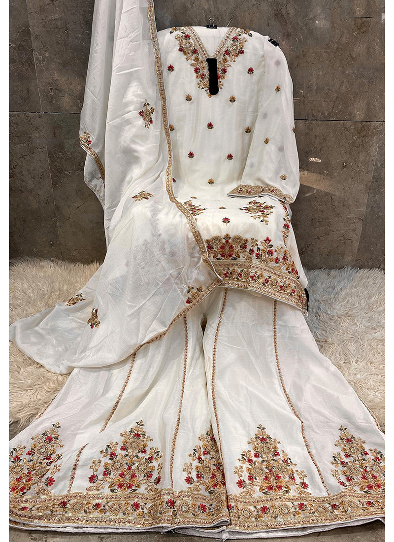 Heavy Chinon White Eid Wear Embroidery Work Pakistani Suit