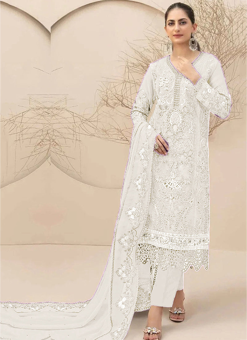 Heavy Georgette White Eid Wear Embroidery Work Pakistani Suit