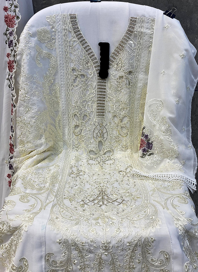 Heavy Georgette White Eid Wear Embroidery Work Pakistani Suit