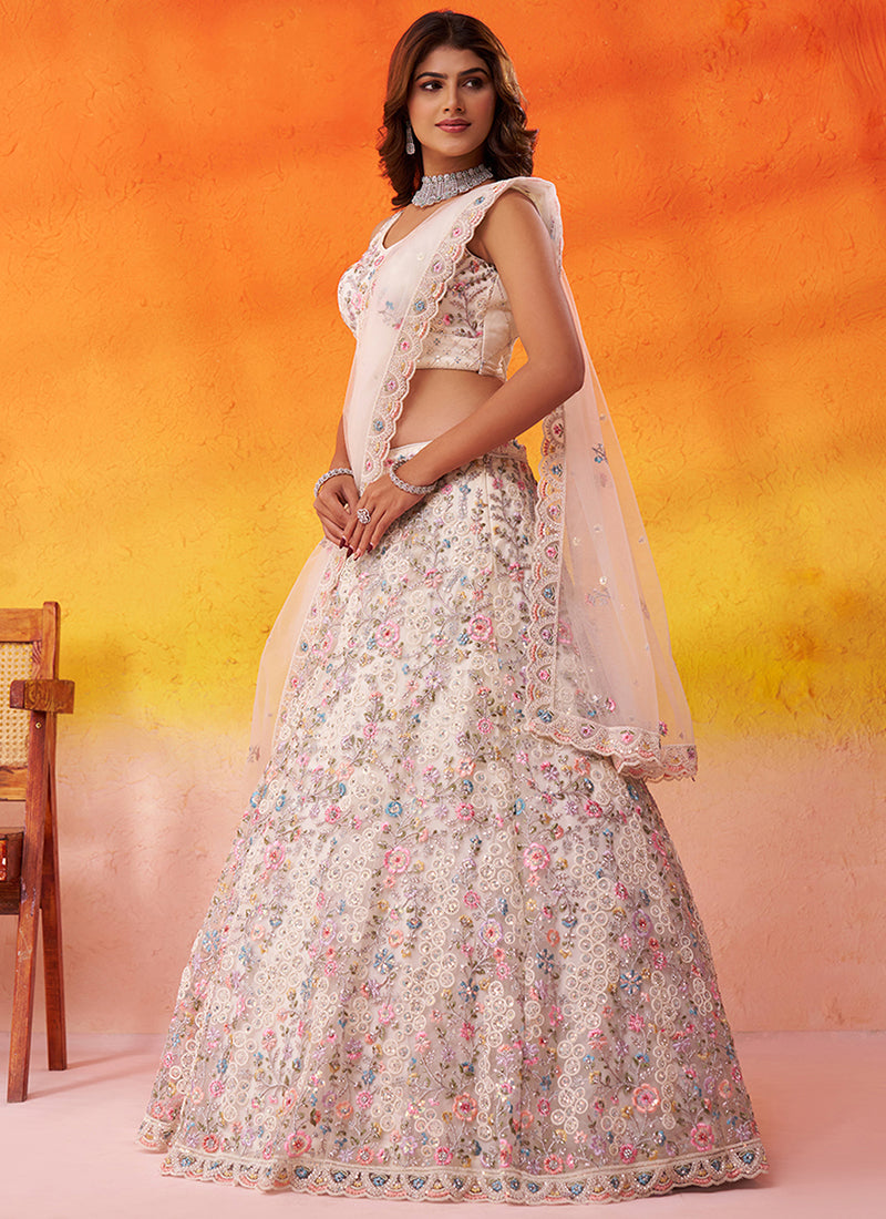 Net White Wedding Wear Sequins Embroidery Work Lehenga Choli