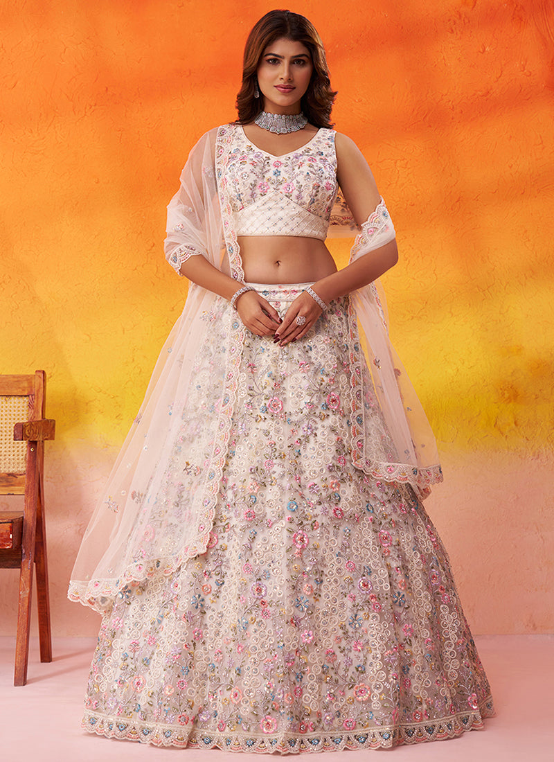 Net White Wedding Wear Sequins Embroidery Work Lehenga Choli