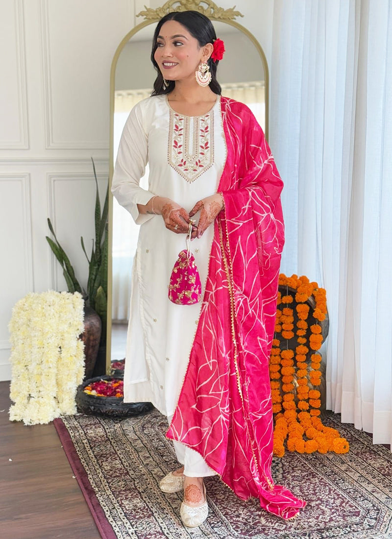 Rayon Slub White Traditional Wear Embroidery Work Readymade Straight Suit