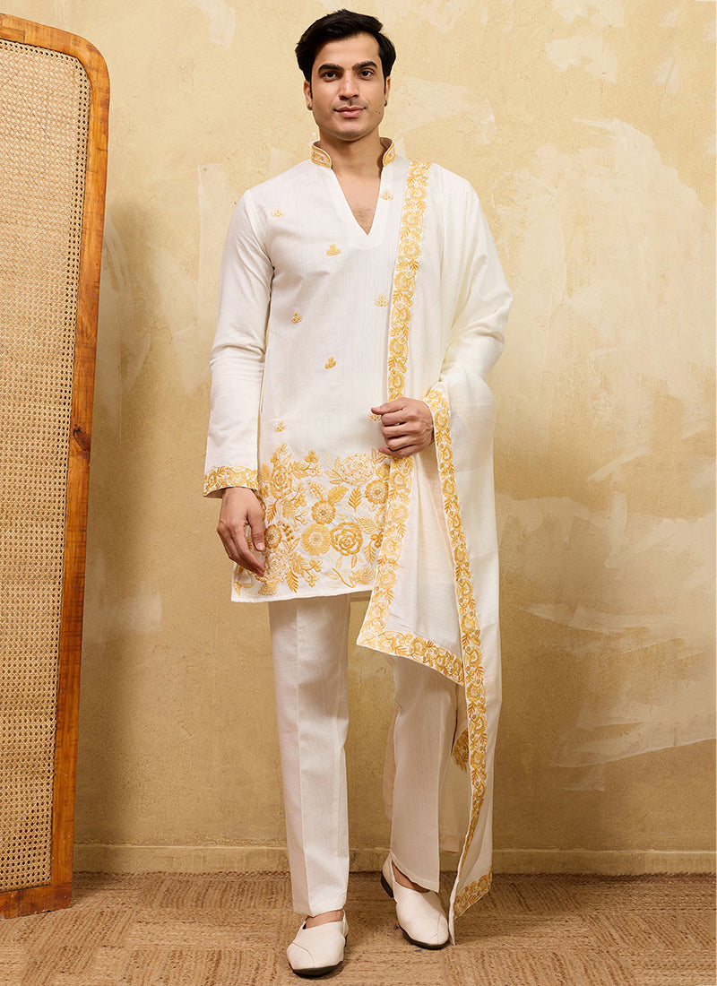 White Vichitra Silk Embroidery Work Occasional Wear Readymade Kurta With Dupatta SW926355