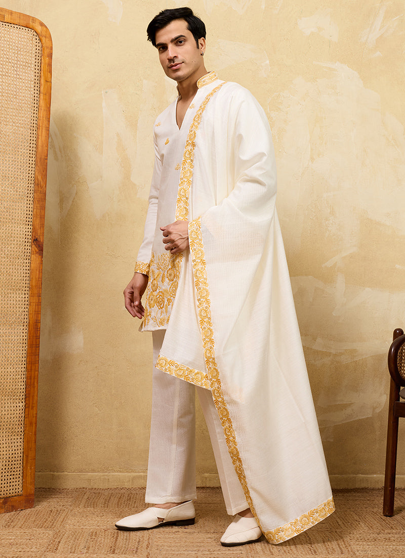 White Vichitra Silk Embroidery Work Occasional Wear Readymade Kurta With Dupatta SW926355