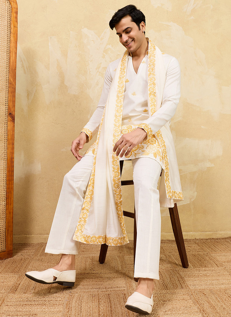 White Vichitra Silk Embroidery Work Occasional Wear Readymade Kurta With Dupatta SW926355