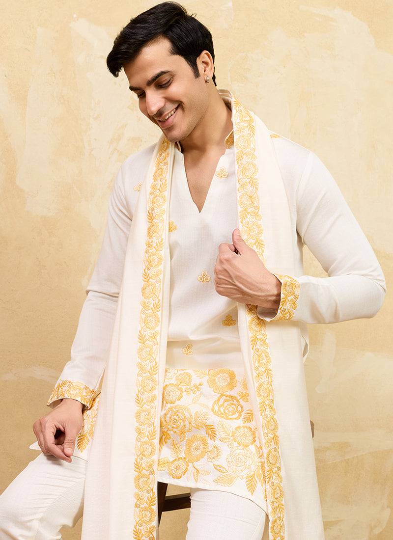White Vichitra Silk Embroidery Work Occasional Wear Readymade Kurta With Dupatta SW926355