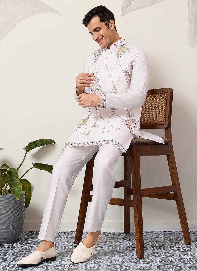 Viscose Art Silk White Festival Wear Sequins Embroidery Work Readymade Modi Jacket Kurta Pajama 388648