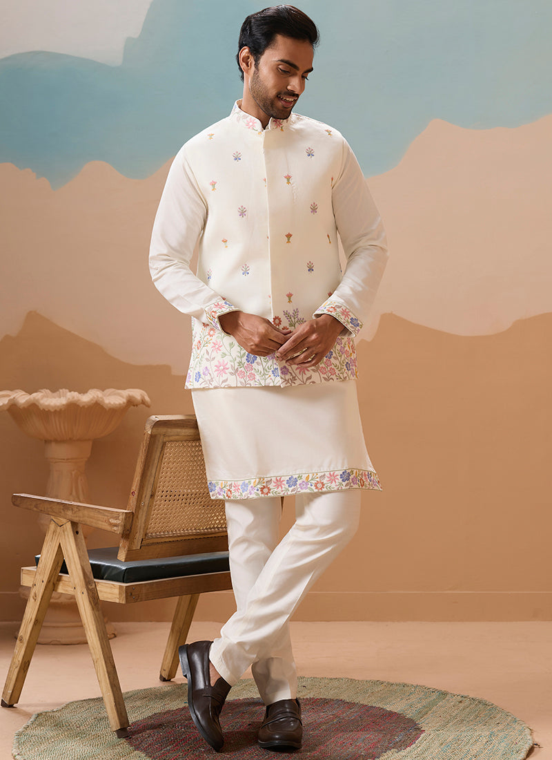 Viscose Silk White Festival Wear Embroidery Work Readymade Modi Jakcet Kurta Pajama