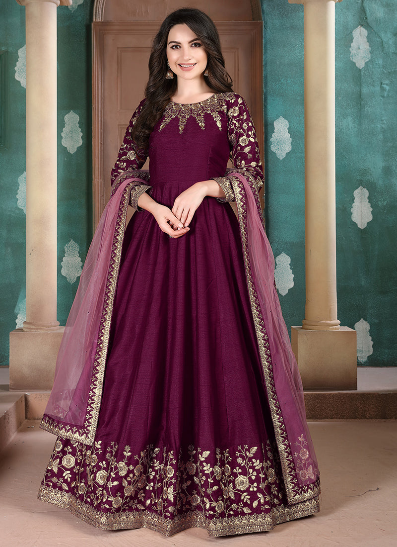 Adda Silk Wine Party Wear Embroidery Work Anarkali Suit