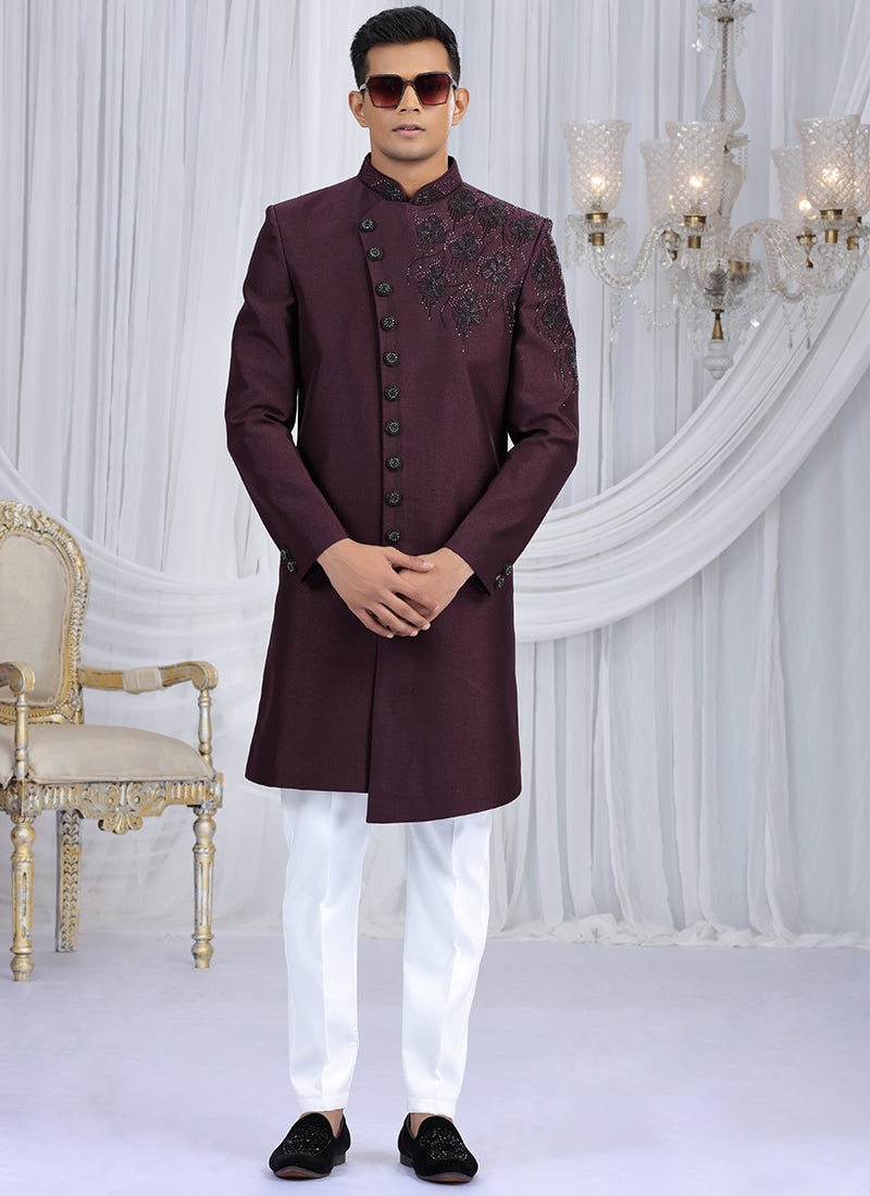 Art Silk Wine Wedding Wear Embroidery Work Readymade Sherwani