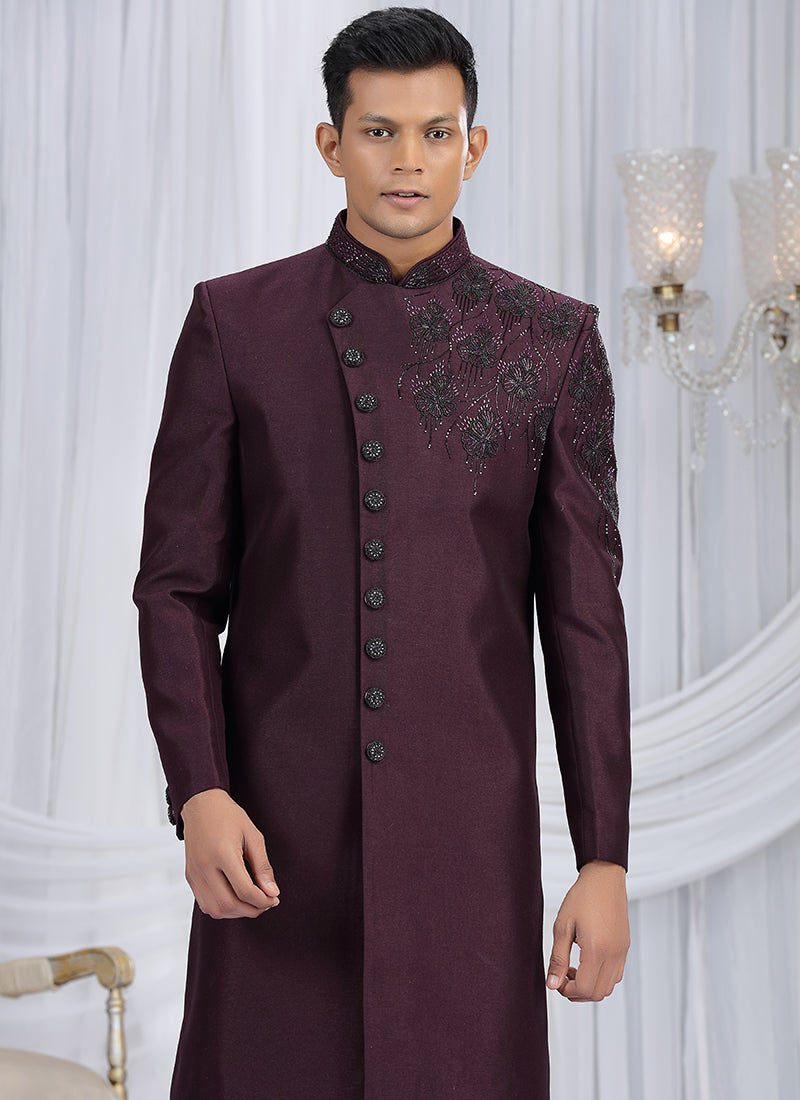 Art Silk Wine Wedding Wear Embroidery Work Readymade Sherwani