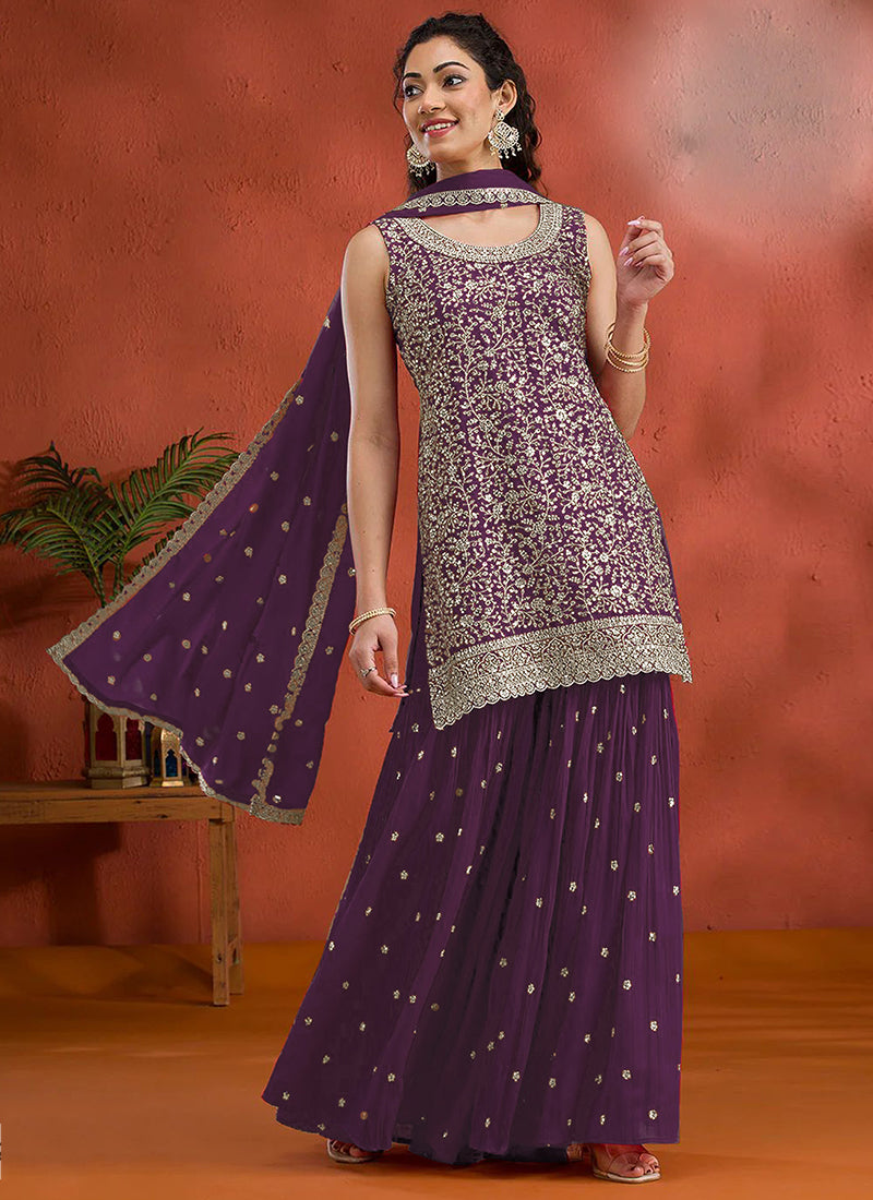 Blooming Georgette Wine Party Wear Heavy Embroidery Work Gharara Suit