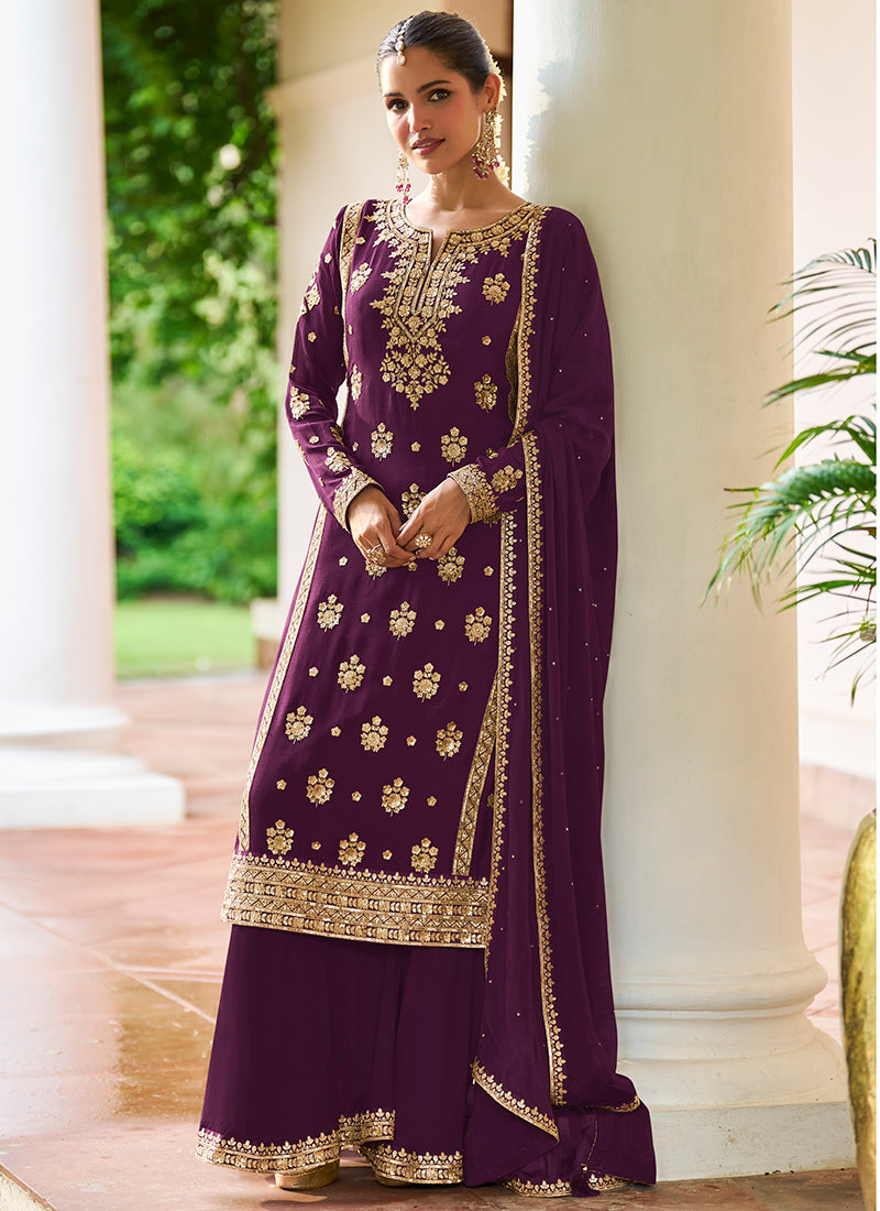 Wine Chinon Sequins Work  Wedding Wear Readymade Plazzo Suit SW699753