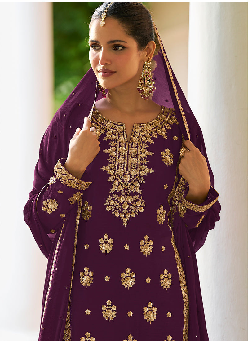 Wine Chinon Sequins Work  Wedding Wear Readymade Plazzo Suit SW699753