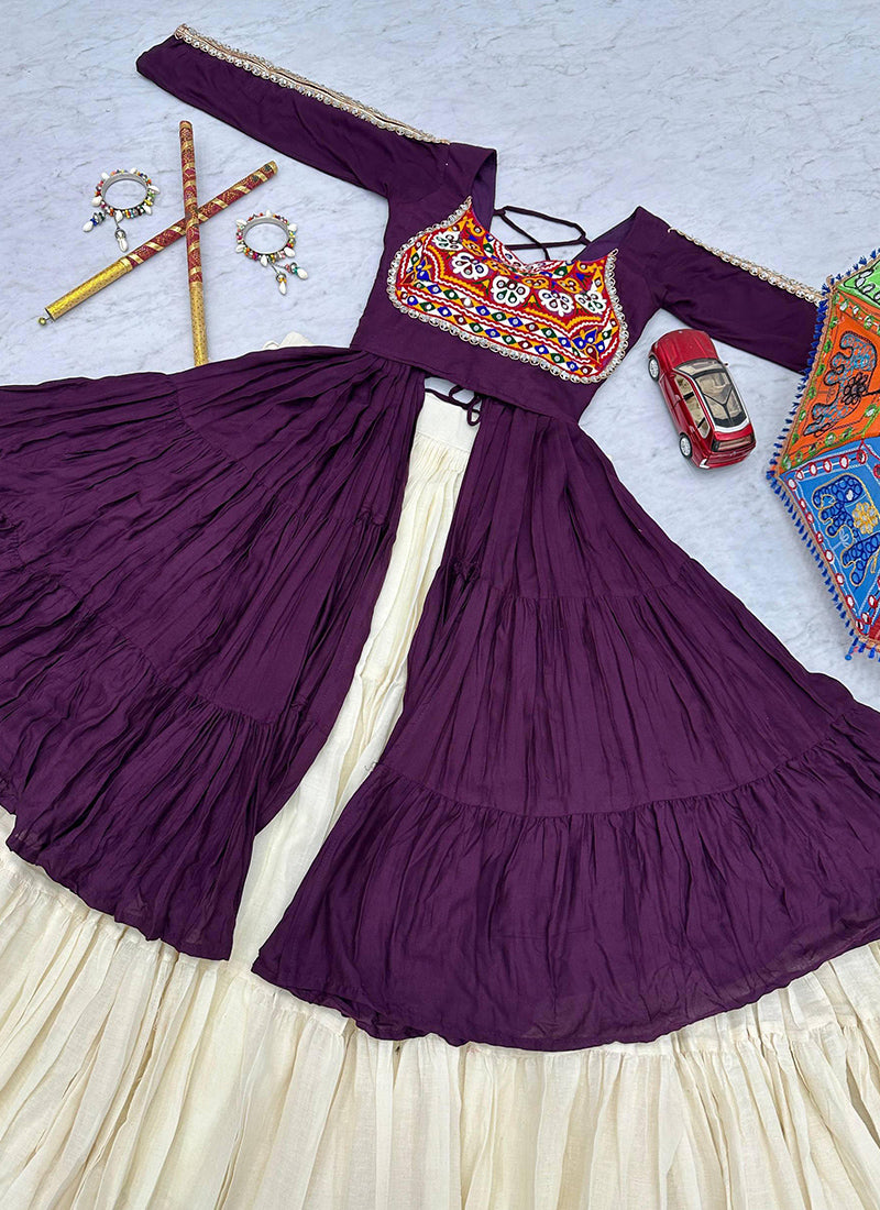 Cotton Wine Navratri Wear Mirror Work Readymade Lehenga Choli