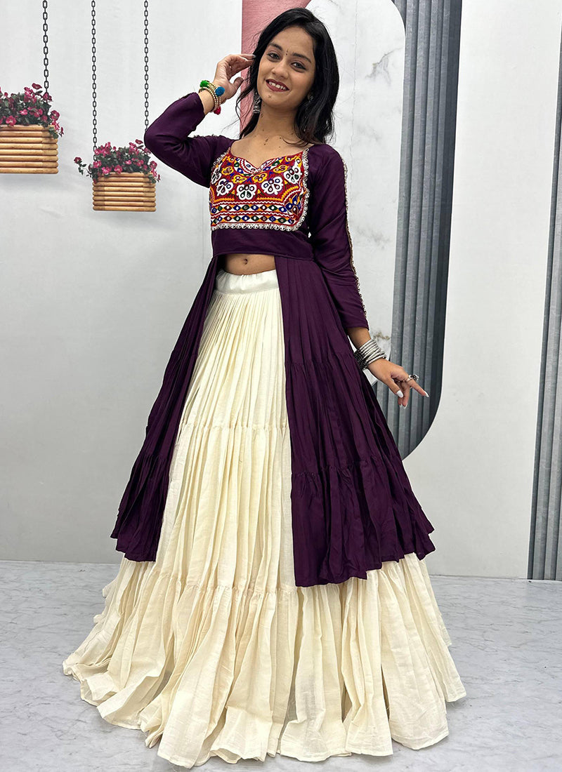 Cotton Wine Navratri Wear Mirror Work Readymade Lehenga Choli
