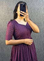 Cotton Wine Party Wear Schiffli Work Readymade Gown