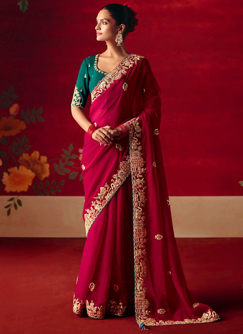 Fancy Silk Red Wedding Wear Embroidery Work Wedding Saree 388695