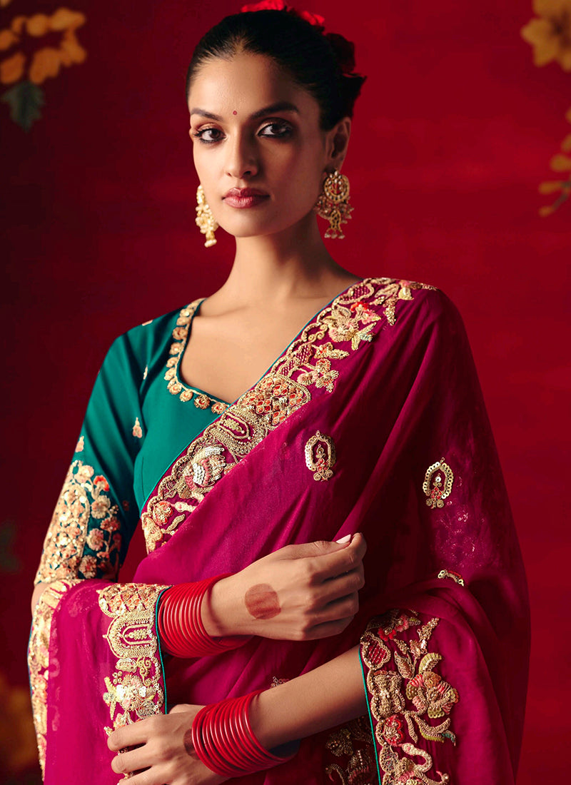 Fancy Silk Red Wedding Wear Embroidery Work Wedding Saree 388695