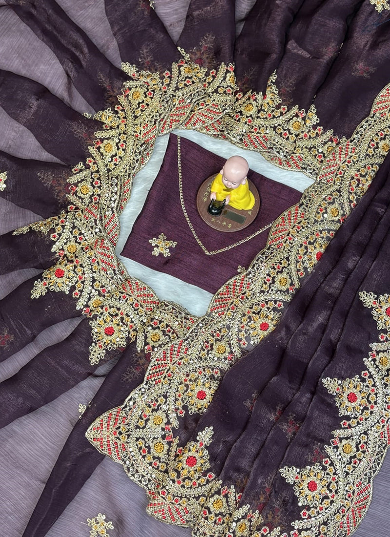 Fendy Satin Wine Party Wear Embroidery Work Designer Saree 388839