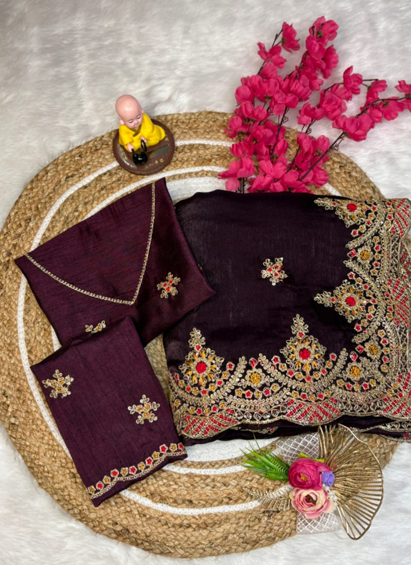 Fendy Satin Wine Party Wear Embroidery Work Designer Saree 388839