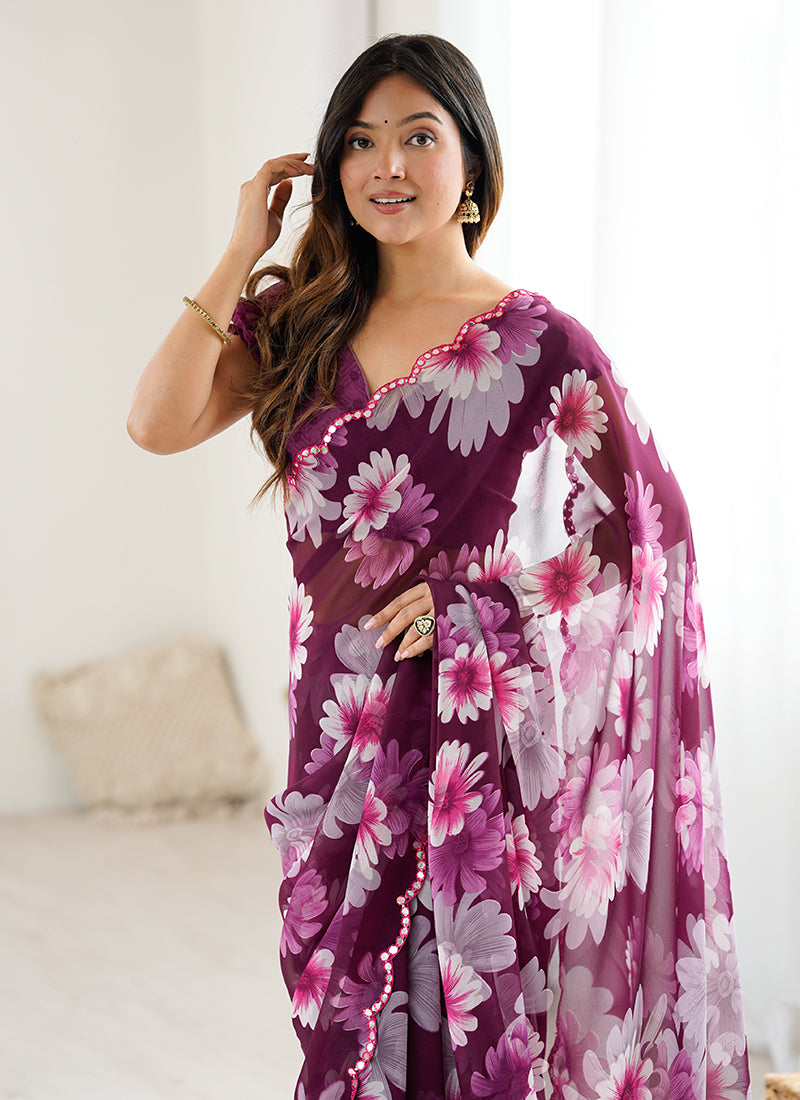 Georgette Wine Casual Wear Digital Print Work Saree 388737