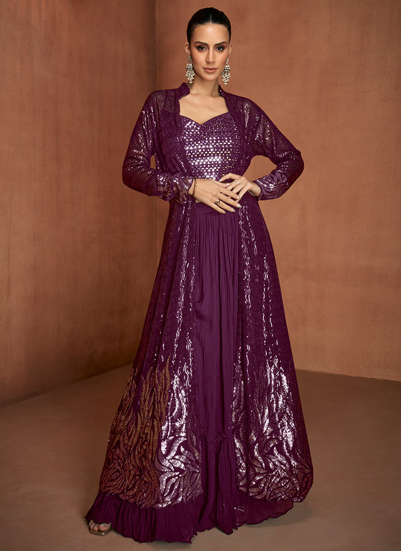 Wine Georgette Sequins Work  Party Wear Readymade Designer Suit SW887120