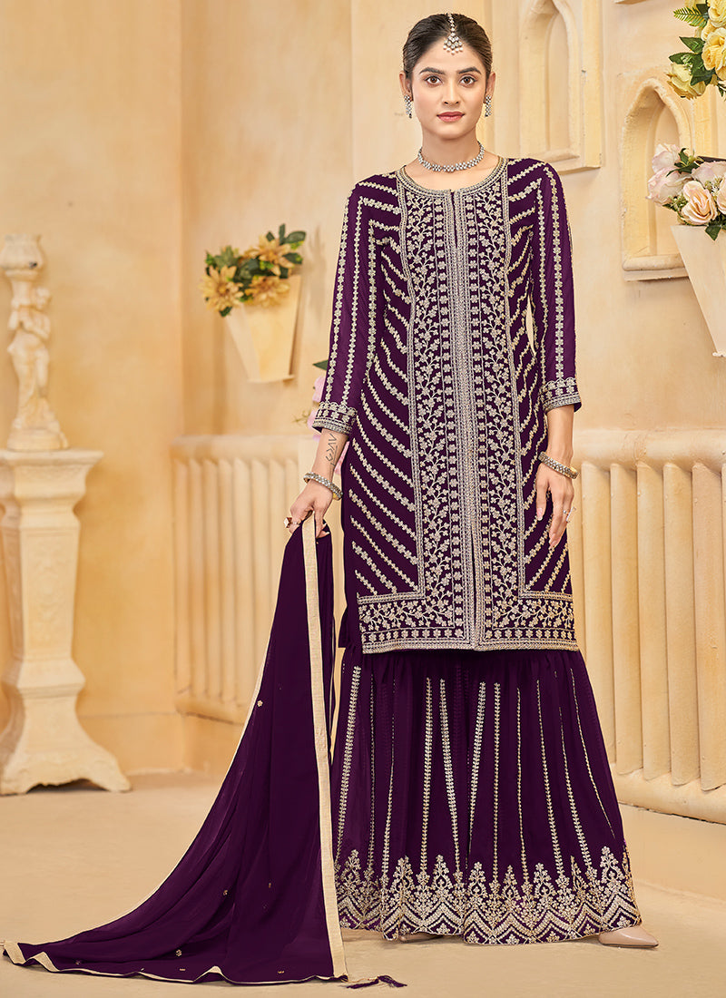 Georgette Wine Wedding Wear Embroidery Work Readymade Sharara Suit