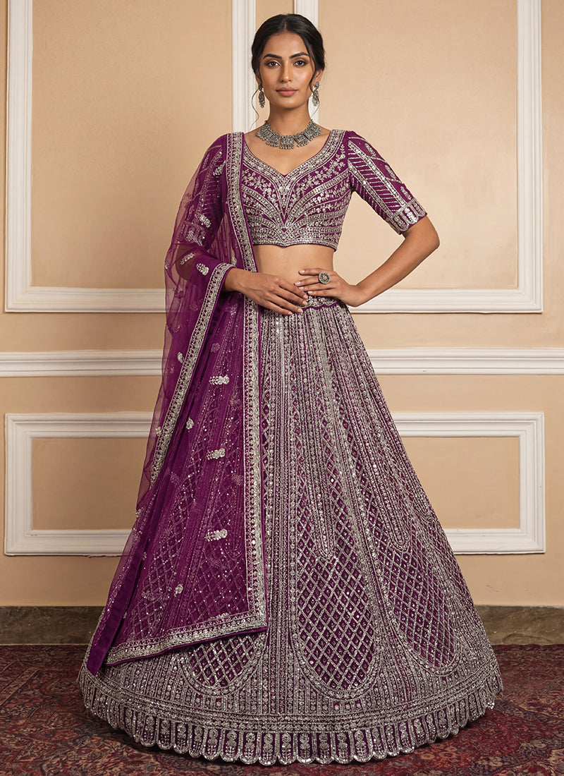 Heavy Net Wine Bridal Wear Zari & Sequins Embroidery Work Bridal Lehenga Choli 389008