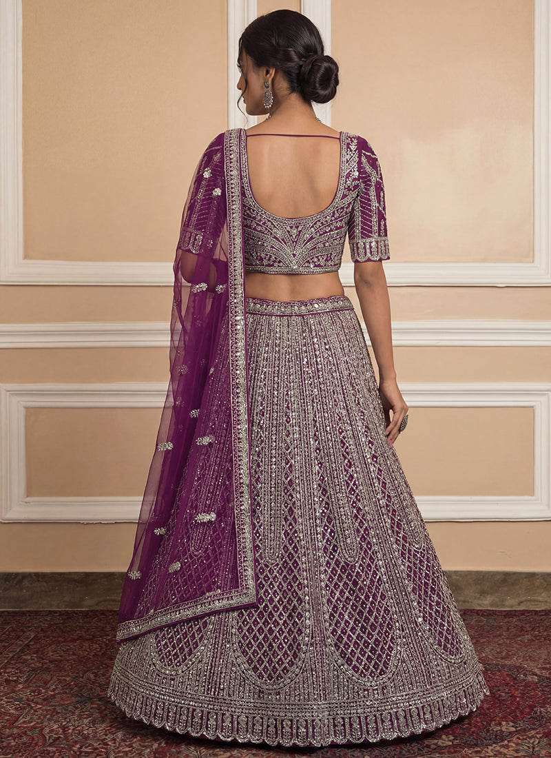 Heavy Net Wine Bridal Wear Zari & Sequins Embroidery Work Bridal Lehenga Choli 389008