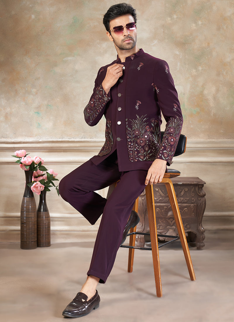 Imported Plain Fabric Wine Party Wear Embroidery Work Readymade Jodhpuri Suit