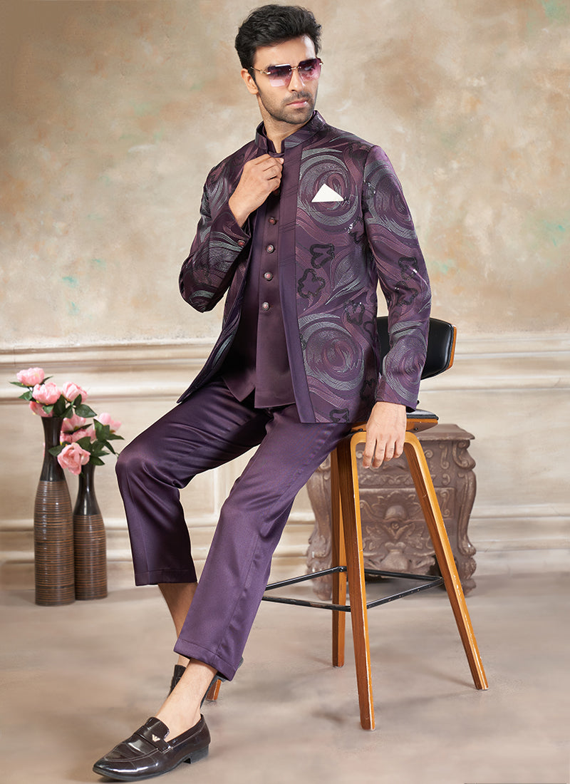 Imported Plain Fabric Wine Party Wear Embroidery Work Readymade Jodhpuri Suit