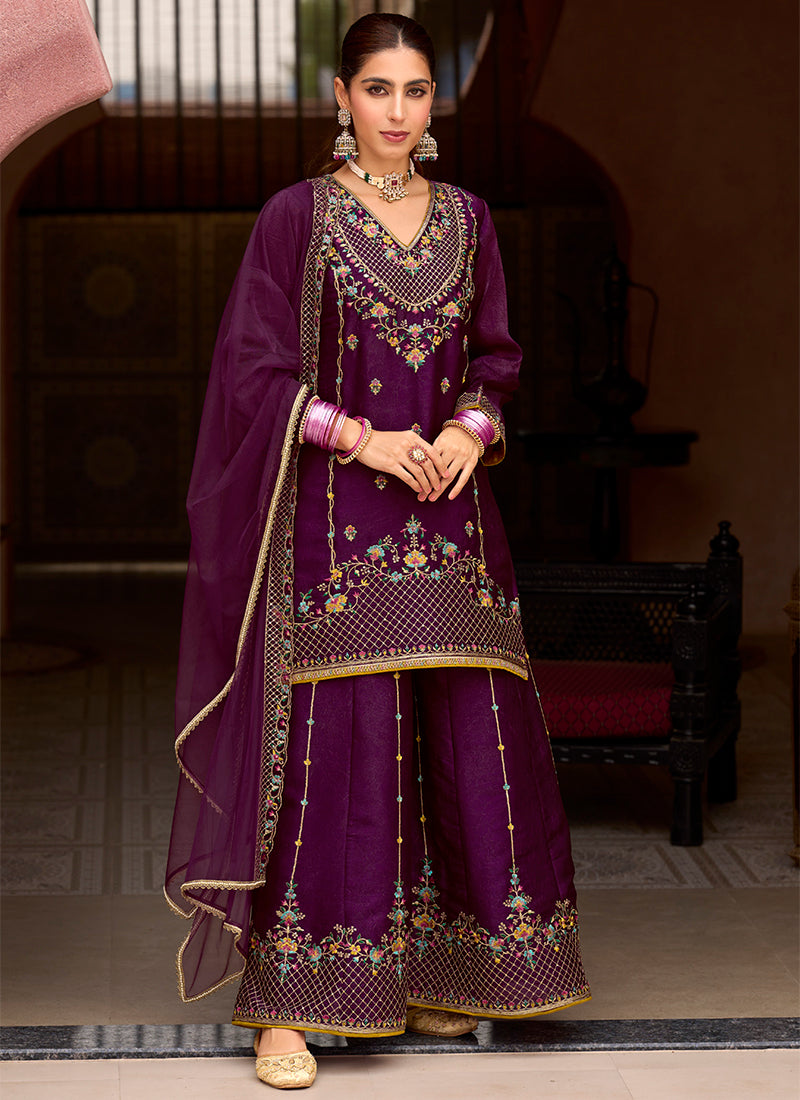 Silk Wine Wedding Wear Embroidery Work Readymade Plazzo Suit 388926