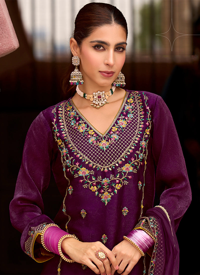 Silk Wine Wedding Wear Embroidery Work Readymade Plazzo Suit 388926