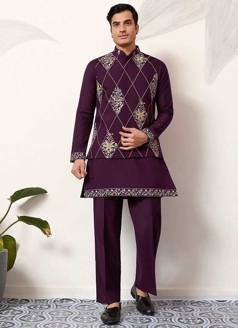 Viscose Art Silk Wine Festival Wear Sequins Embroidery Work Readymade Modi Jacket Kurta Pajama 388649